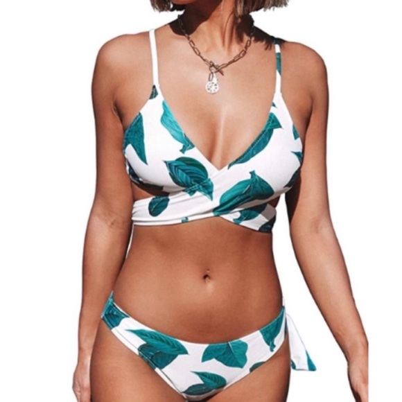 Cupshe Leaves Wrap Two Piece Swimsuit Green Size S - Picture 4 of 14